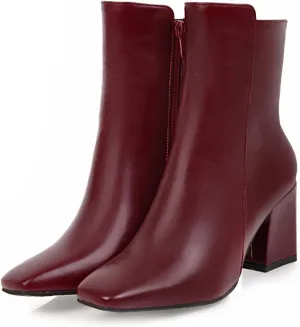 Caradise Womens High Chunky Heeled Boots Zip Up Square Toe Ankle Booties