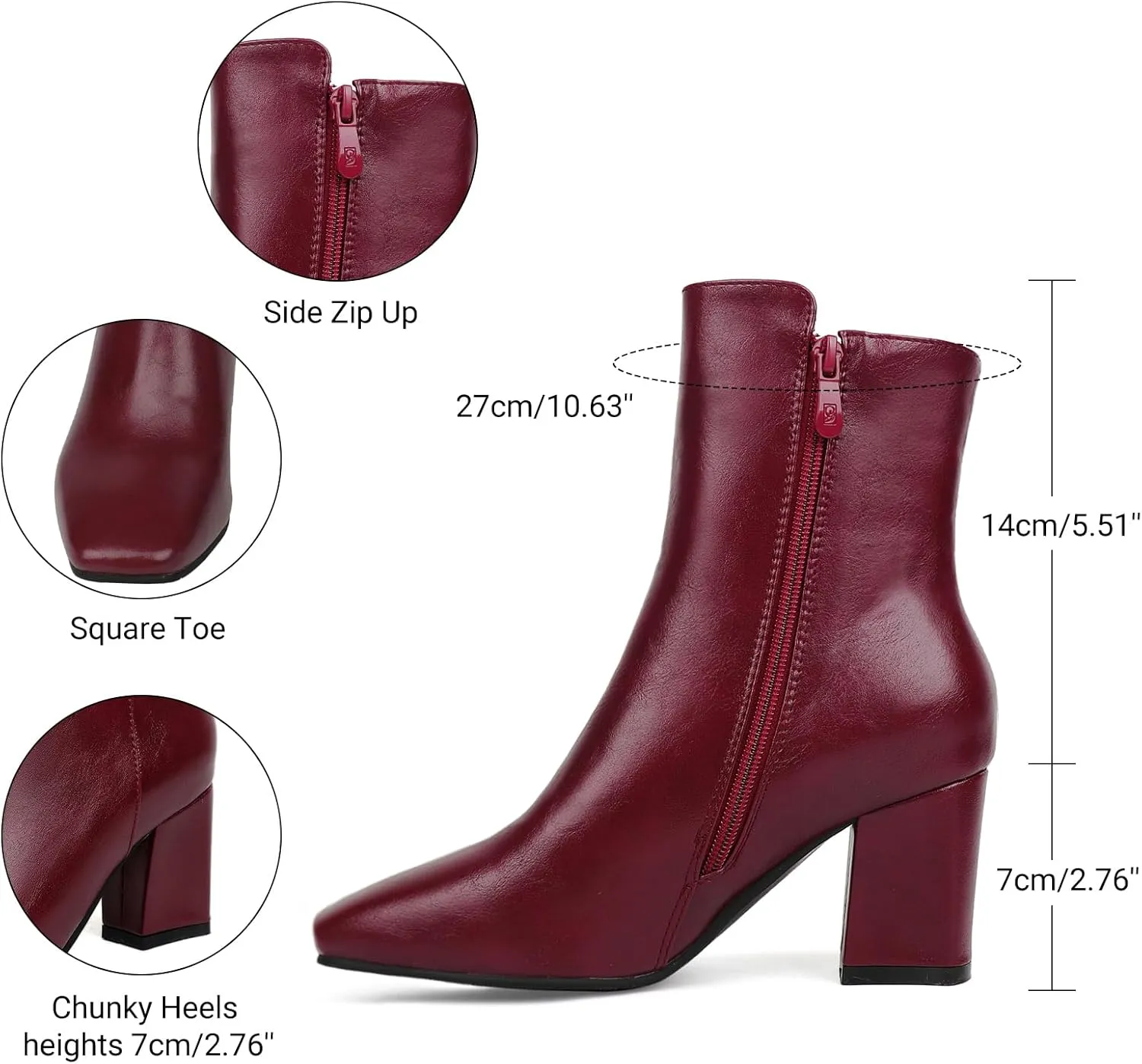 Caradise Womens High Chunky Heeled Boots Zip Up Square Toe Ankle Booties