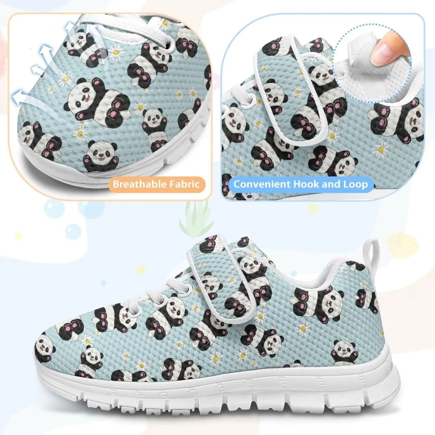 Cartoon Panda Running Sneakers for Girls Boys Hiking Shoes Hook & Loop Athletic Fitness Sneaker
