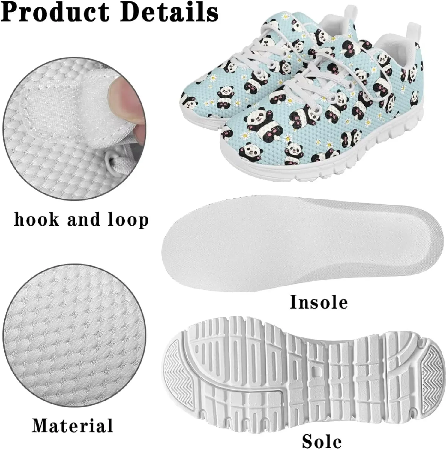 Cartoon Panda Running Sneakers for Girls Boys Hiking Shoes Hook & Loop Athletic Fitness Sneaker