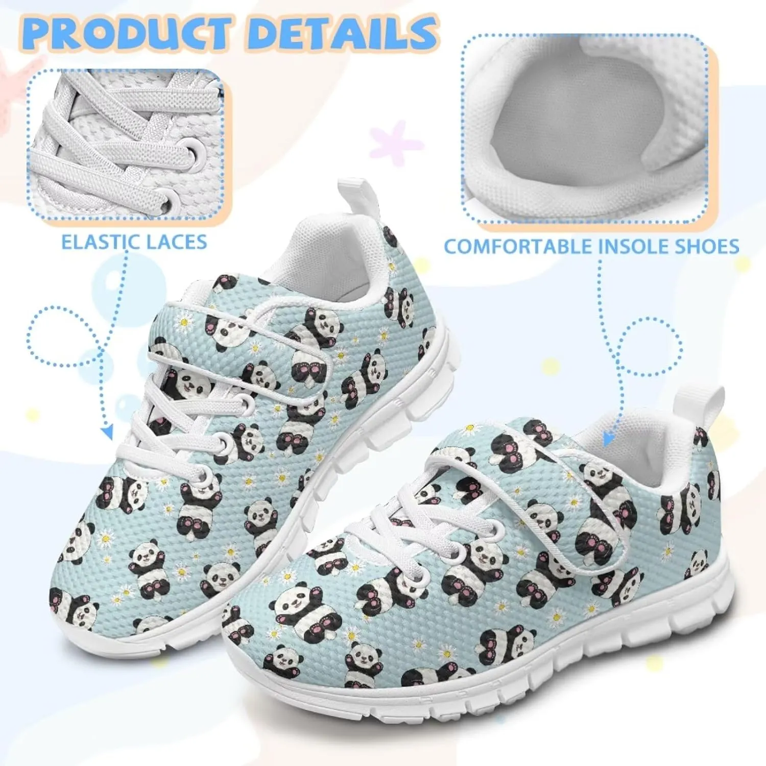 Cartoon Panda Running Sneakers for Girls Boys Hiking Shoes Hook & Loop Athletic Fitness Sneaker