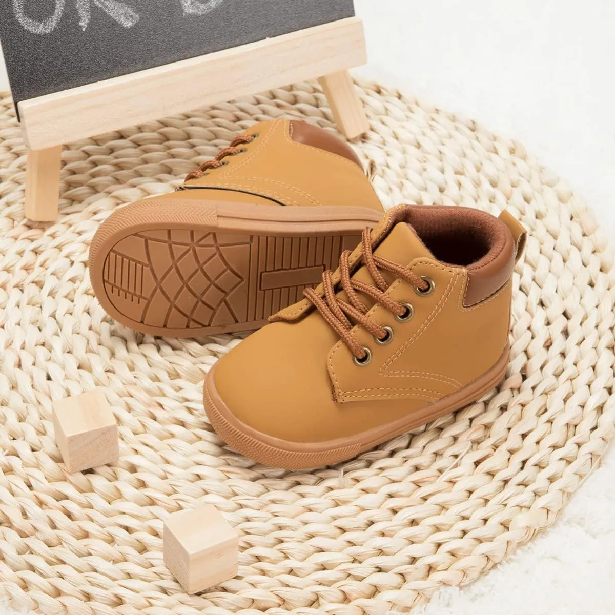 Casazoe Unisex Leather Casual Boots Toddler Outdoor Mid Top Dress Shoes Lace Up Non-Slip Texture Sole Loafer Hiking Flats Classic School Daily Walking Shoe（Infant/Toddlers）