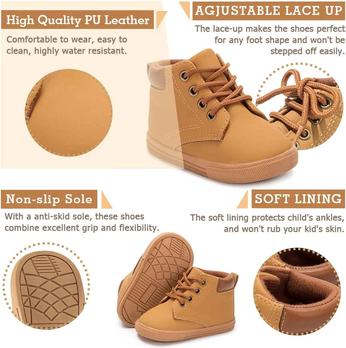 Casazoe Unisex Leather Casual Boots Toddler Outdoor Mid Top Dress Shoes Lace Up Non-Slip Texture Sole Loafer Hiking Flats Classic School Daily Walking Shoe（Infant/Toddlers）