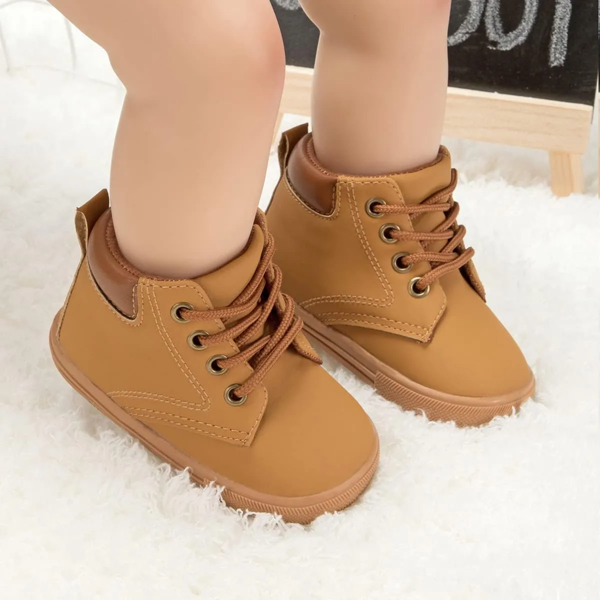 Casazoe Unisex Leather Casual Boots Toddler Outdoor Mid Top Dress Shoes Lace Up Non-Slip Texture Sole Loafer Hiking Flats Classic School Daily Walking Shoe（Infant/Toddlers）