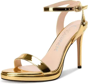 Castamere Womens Stiletto High Platform Heel Open Round Toe Sandals Ankle Strap Prom Basic Classic Patent Leather Summer 4.1 Inches Heels