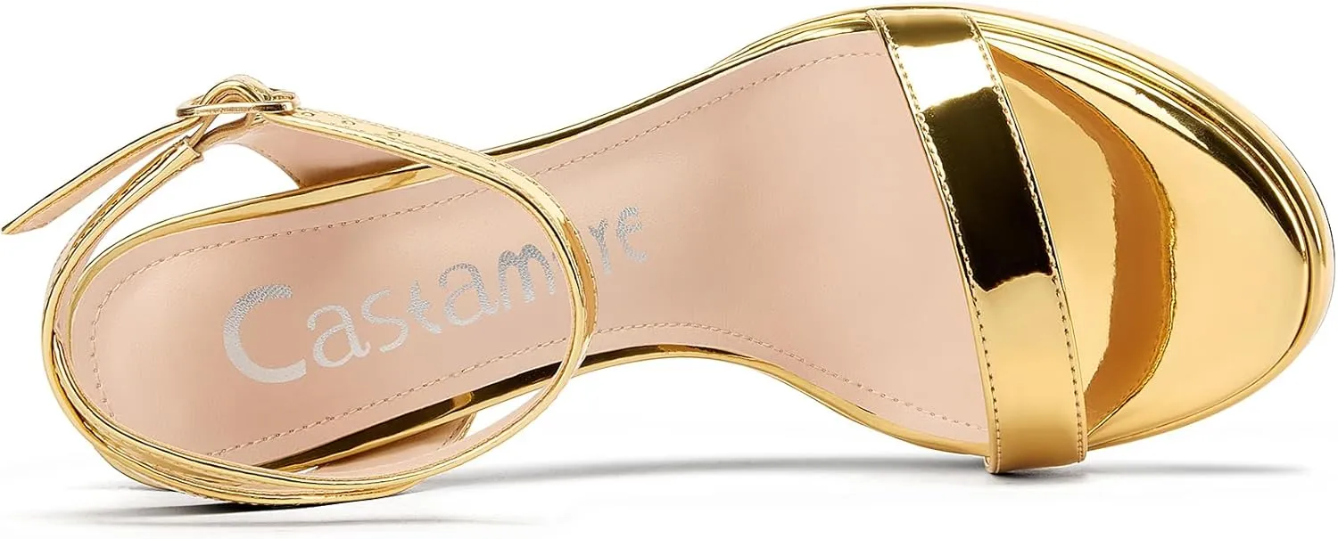 Castamere Womens Stiletto High Platform Heel Open Round Toe Sandals Ankle Strap Prom Basic Classic Patent Leather Summer 4.1 Inches Heels