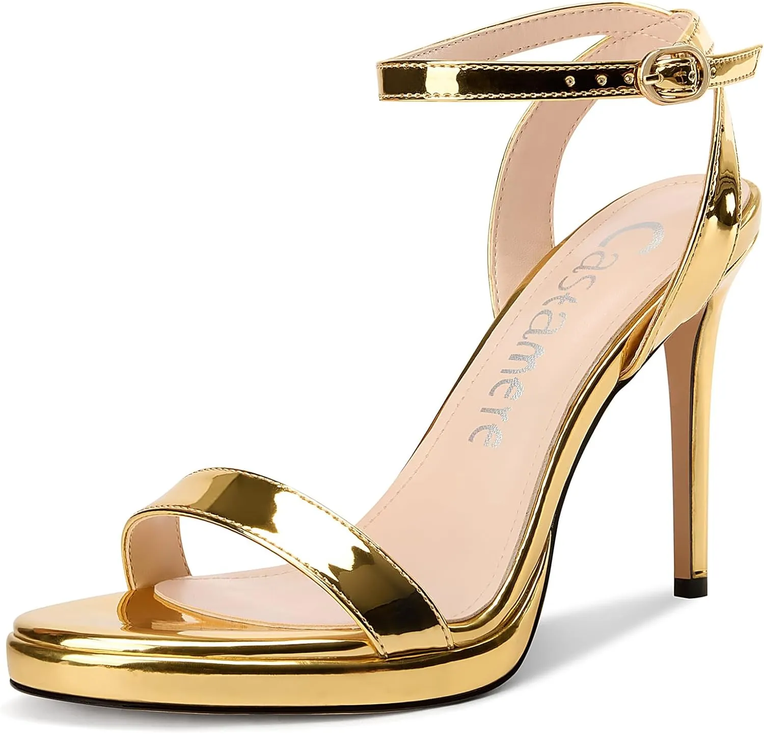 Castamere Womens Stiletto High Platform Heel Open Round Toe Sandals Ankle Strap Prom Basic Classic Patent Leather Summer 4.1 Inches Heels