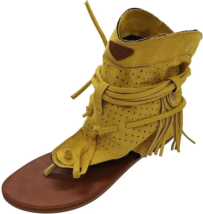 Casual Tassel Sandals for Women, Retro Bohemian Gladiator Fringe Sandals Flat Clip-Toe Flip-Flops Beach Sandals Shoes T-Strap Roman Open-Toe Sandals