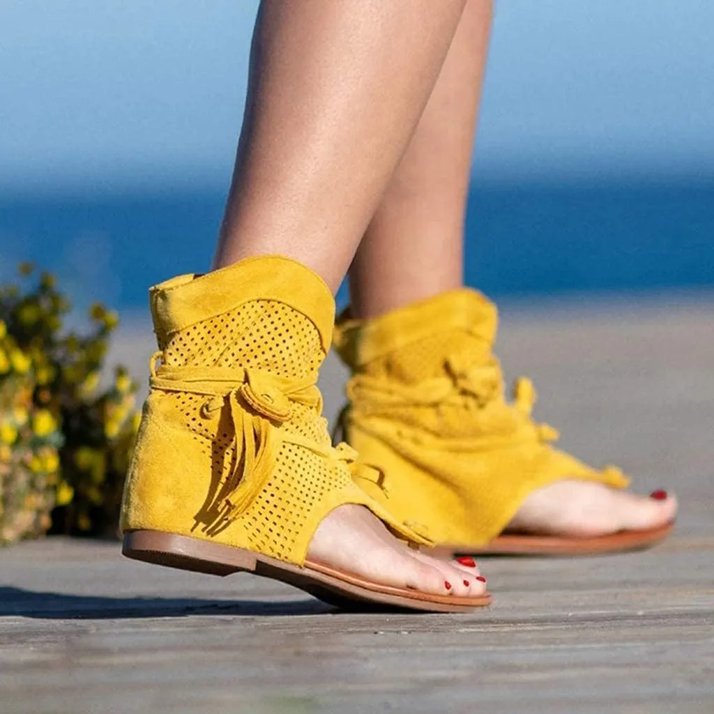 Casual Tassel Sandals for Women, Retro Bohemian Gladiator Fringe Sandals Flat Clip-Toe Flip-Flops Beach Sandals Shoes T-Strap Roman Open-Toe Sandals