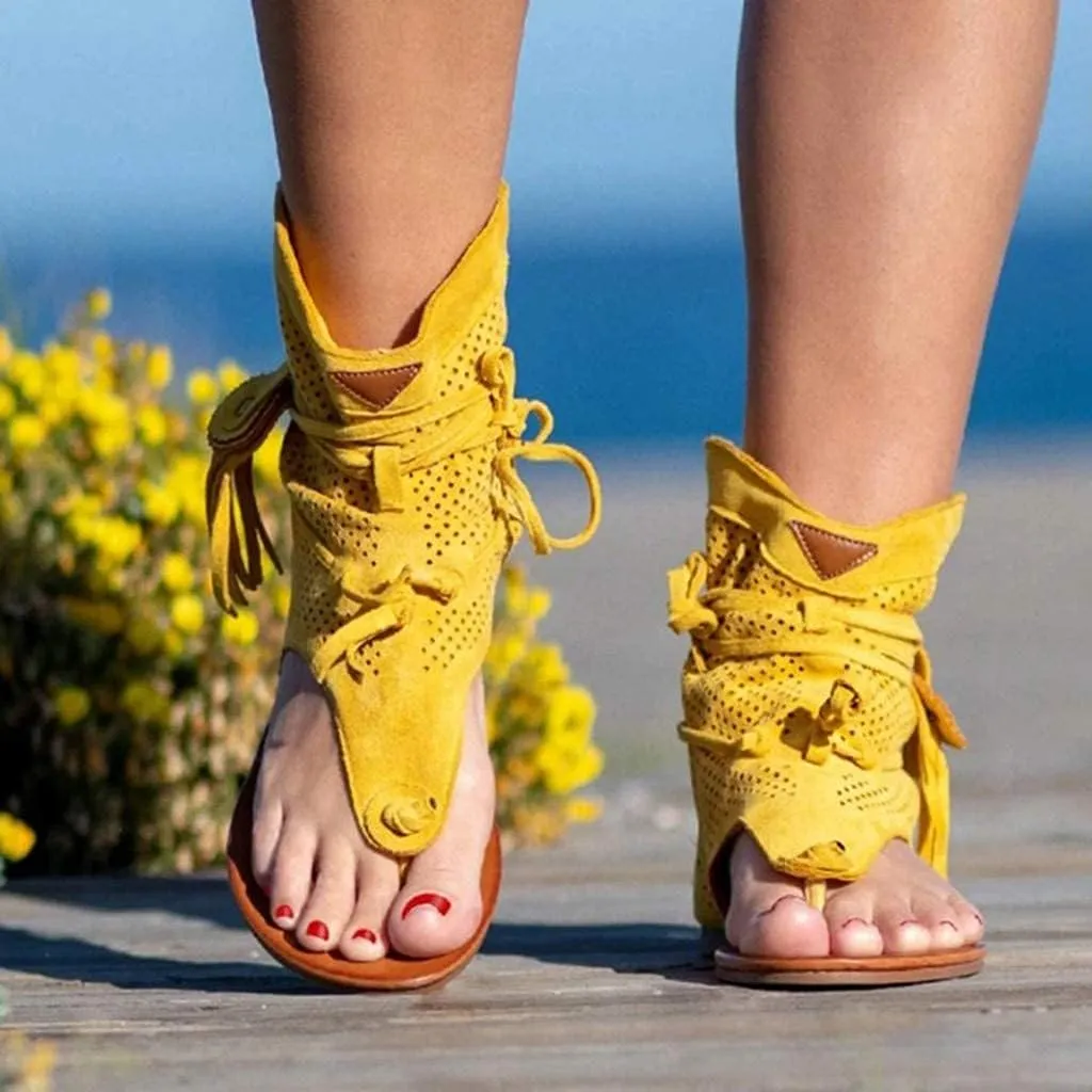 Casual Tassel Sandals for Women, Retro Bohemian Gladiator Fringe Sandals Flat Clip-Toe Flip-Flops Beach Sandals Shoes T-Strap Roman Open-Toe Sandals