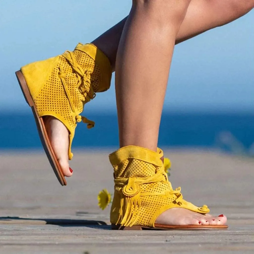Casual Tassel Sandals for Women, Retro Bohemian Gladiator Fringe Sandals Flat Clip-Toe Flip-Flops Beach Sandals Shoes T-Strap Roman Open-Toe Sandals