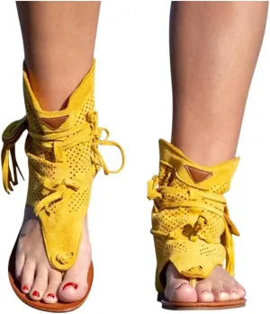 Casual Tassel Sandals for Women, Retro Bohemian Gladiator Fringe Sandals Flat Clip-Toe Flip-Flops Beach Sandals Shoes T-Strap Roman Open-Toe Sandals