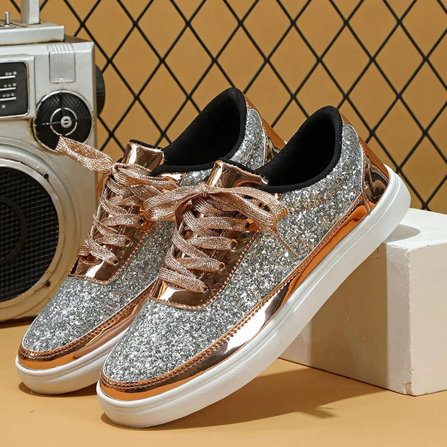 Casual Thick Soled Sneakers New Glossy Fashion Women's Shoes Low Cut Lace Up Flat Shoes Floral Heels Shoes for Women