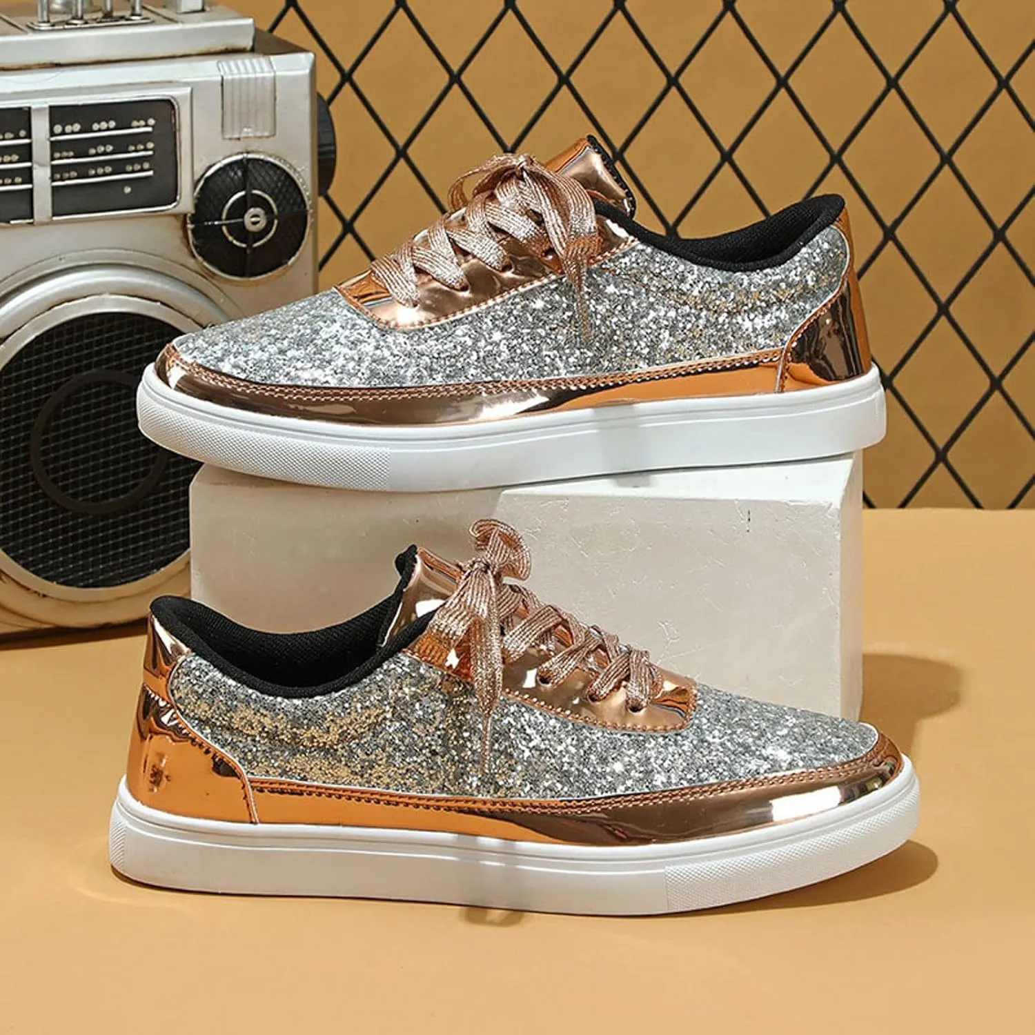 Casual Thick Soled Sneakers New Glossy Fashion Women's Shoes Low Cut Lace Up Flat Shoes Floral Heels Shoes for Women
