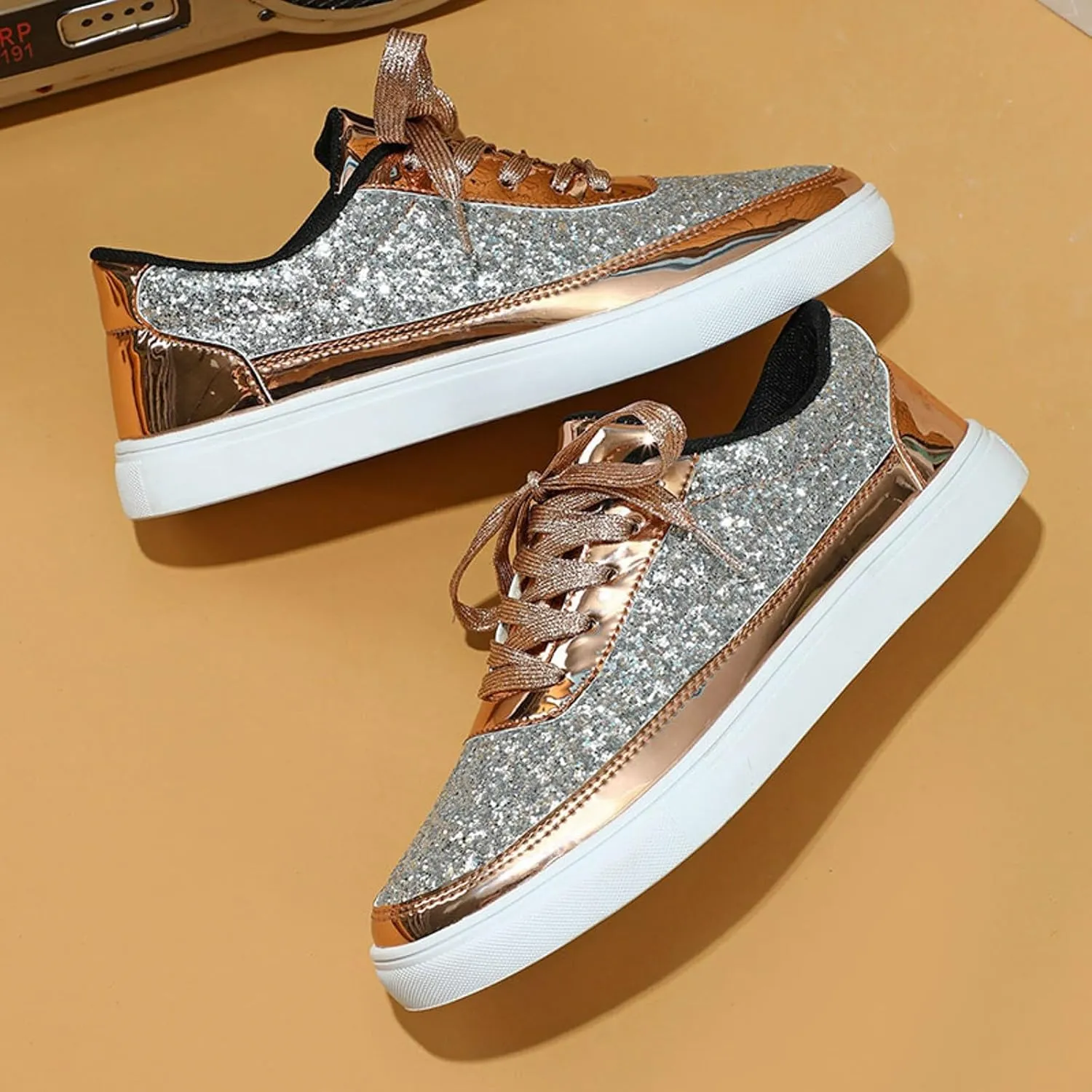 Casual Thick Soled Sneakers New Glossy Fashion Women's Shoes Low Cut Lace Up Flat Shoes Floral Heels Shoes for Women