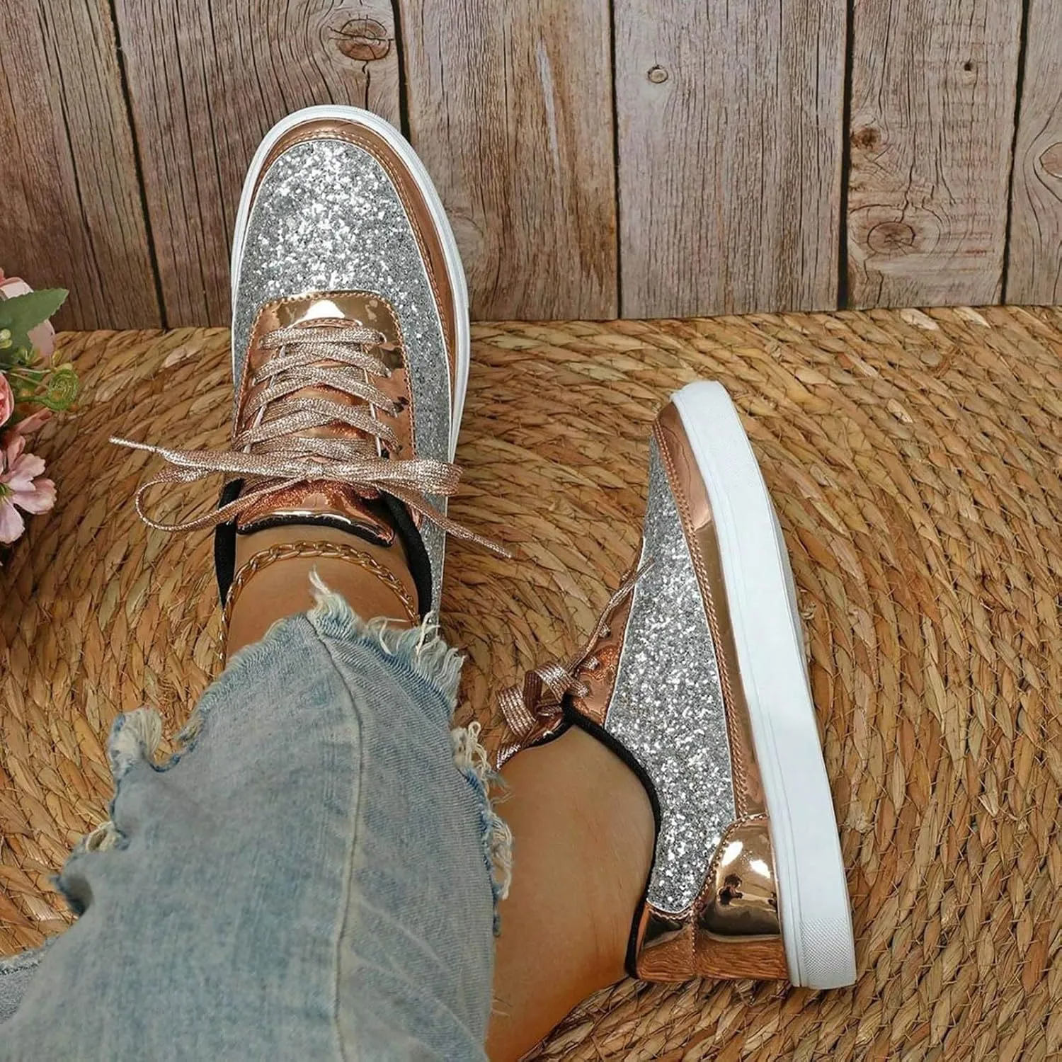 Casual Thick Soled Sneakers New Glossy Fashion Women's Shoes Low Cut Lace Up Flat Shoes Floral Heels Shoes for Women