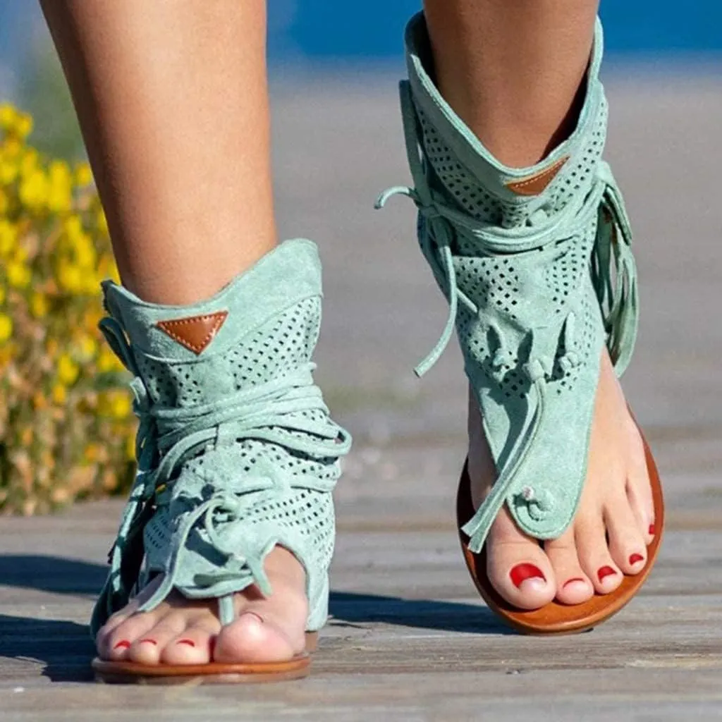 Casual Women's Retro Bohemian Gladiator Fringe Sandals with Flat Clip-Toe Flip-Flops, Beach & Open-Toe T-Strap Roman Sandals
