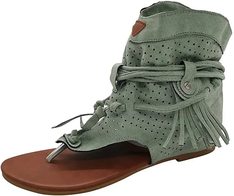 Casual Women's Retro Bohemian Gladiator Fringe Sandals with Flat Clip-Toe Flip-Flops, Beach & Open-Toe T-Strap Roman Sandals