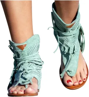 Casual Women's Retro Bohemian Gladiator Fringe Sandals with Flat Clip-Toe Flip-Flops, Beach & Open-Toe T-Strap Roman Sandals