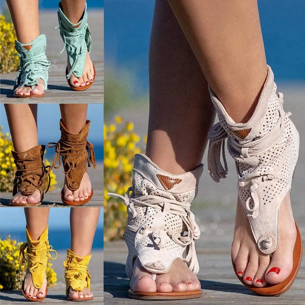 Casual Women's Retro Bohemian Gladiator Fringe Sandals with Flat Clip-Toe Flip-Flops, Beach & Open-Toe T-Strap Roman Sandals