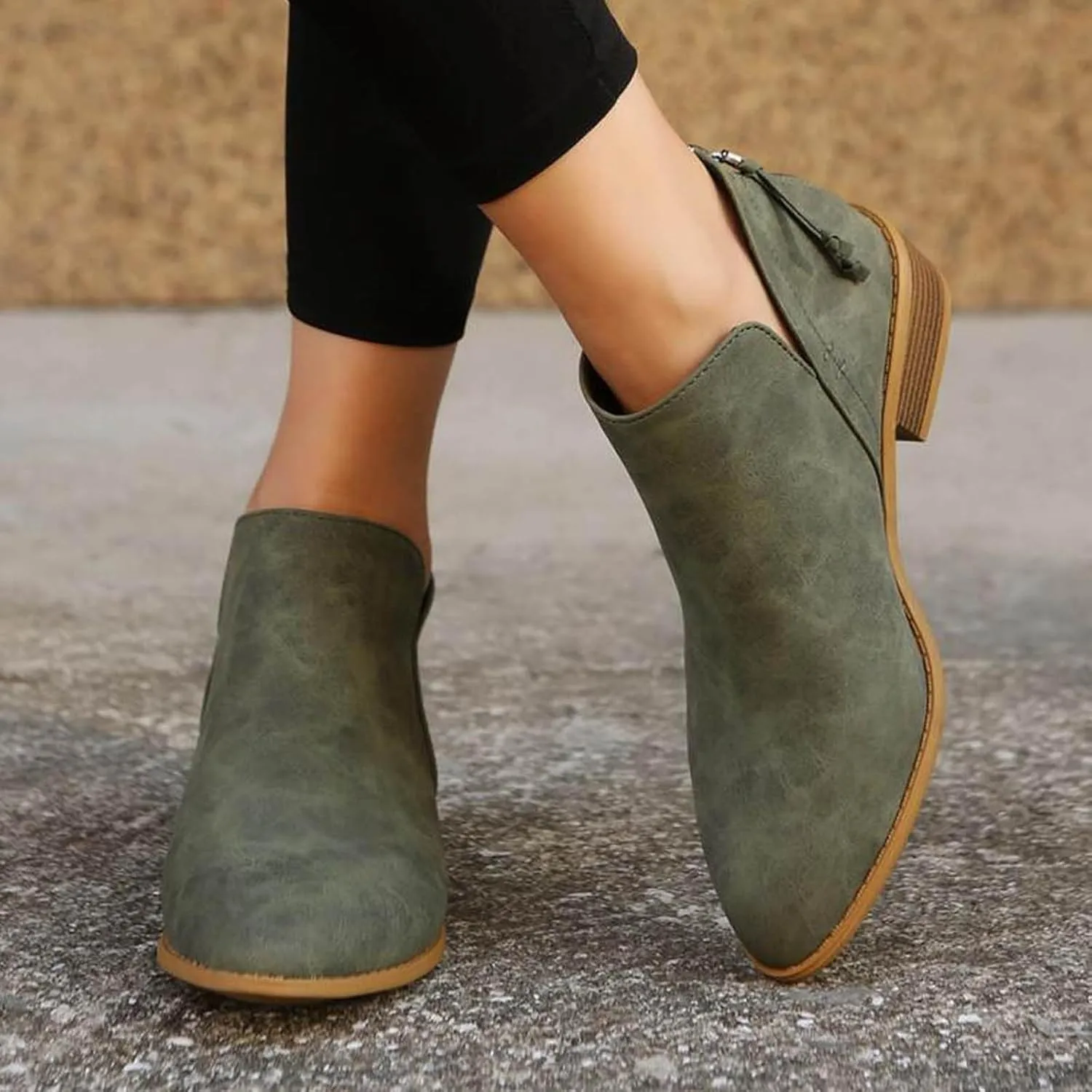 Cathalem Women's Ankle Boots Chunky Cutout Heel Pointed Toe Short Booties Shoes Ankle Booties Vintage Slip On Flat Short Boots Ladies Fashion Low Heel Boot Womens Casual Shoes