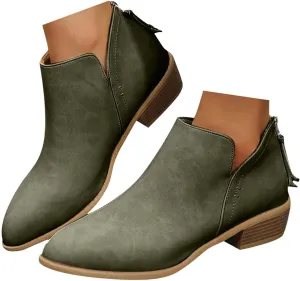 Cathalem Women's Ankle Boots Chunky Cutout Heel Pointed Toe Short Booties Shoes Ankle Booties Vintage Slip On Flat Short Boots Ladies Fashion Low Heel Boot Womens Casual Shoes