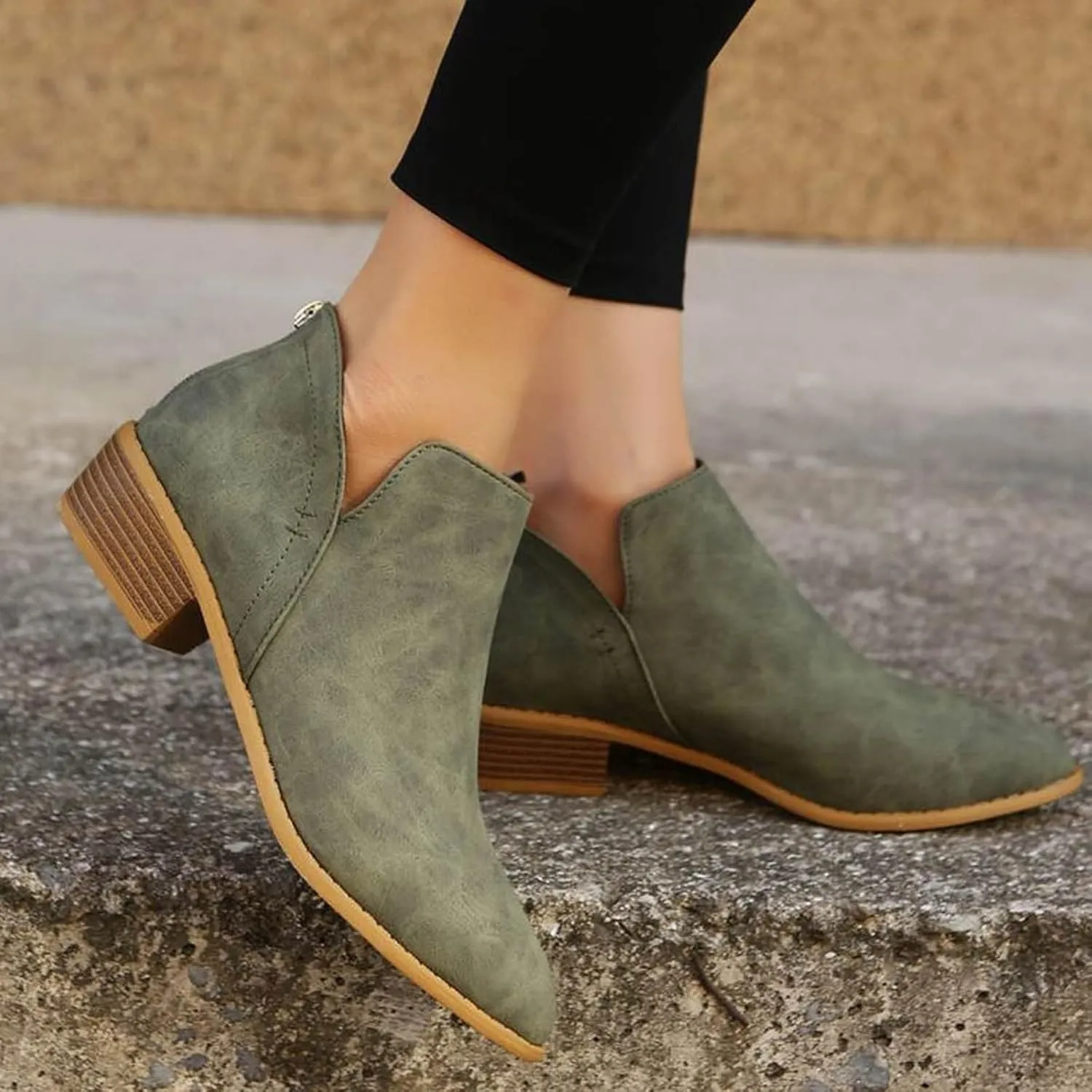 Cathalem Women's Ankle Boots Chunky Cutout Heel Pointed Toe Short Booties Shoes Ankle Booties Vintage Slip On Flat Short Boots Ladies Fashion Low Heel Boot Womens Casual Shoes