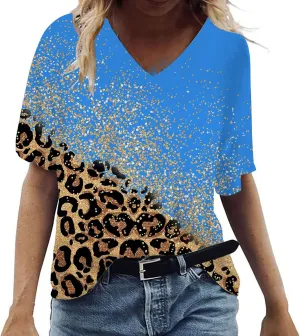 Ceboyel Womens Leopard Print Summer Blouse V Neck Tunic T Shirts Short Sleeve Casual Loose Tee Tops Flowy Ladies Outfits 2023
