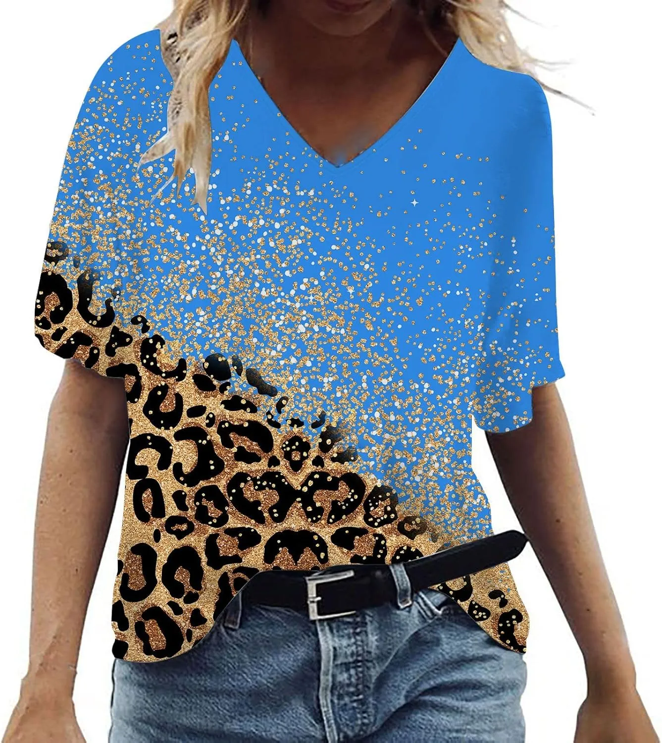 Ceboyel Womens Leopard Print Summer Blouse V Neck Tunic T Shirts Short Sleeve Casual Loose Tee Tops Flowy Ladies Outfits 2023