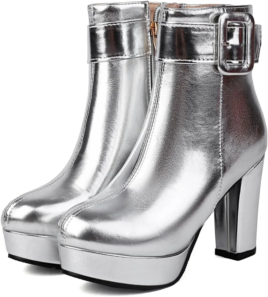 Chunky Platform High Heel Ankle Boots For Womens Round Toe Buckle Zipper Winter Dressy Short Bootie