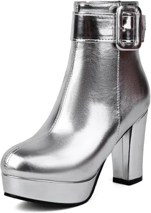 Chunky Platform High Heel Ankle Boots For Womens Round Toe Buckle Zipper Winter Dressy Short Bootie