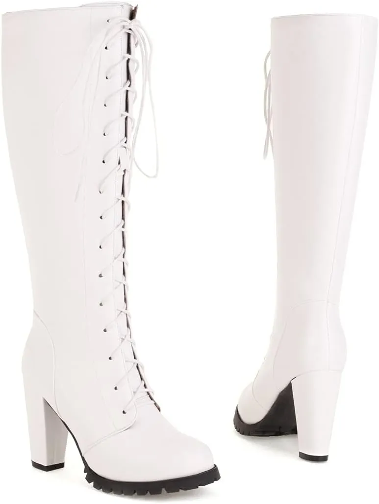 ClassicSter Womens Knee High Boots Block Chunky Mid Heels Combate Booties Strappy Buckle Motorcycle Riding Boots With Zip