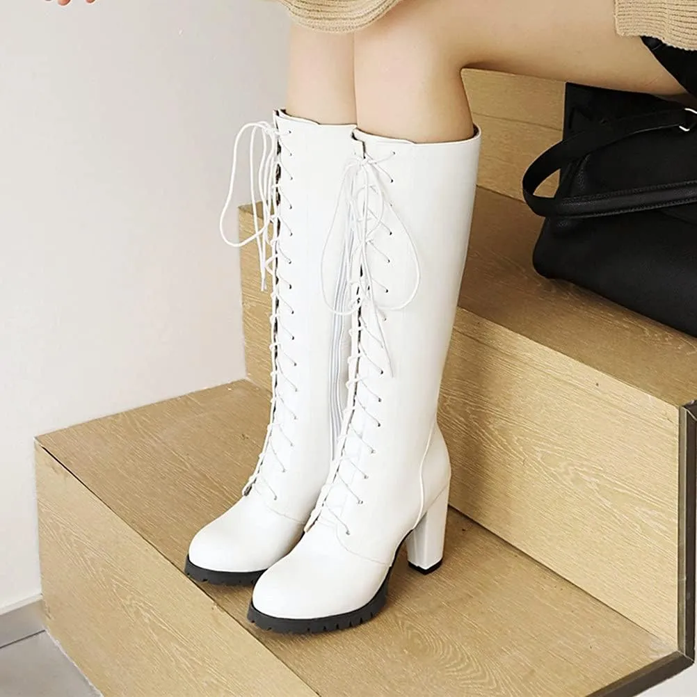 ClassicSter Womens Knee High Boots Block Chunky Mid Heels Combate Booties Strappy Buckle Motorcycle Riding Boots With Zip