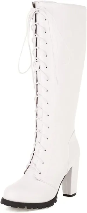 ClassicSter Womens Knee High Boots Block Chunky Mid Heels Combate Booties Strappy Buckle Motorcycle Riding Boots With Zip
