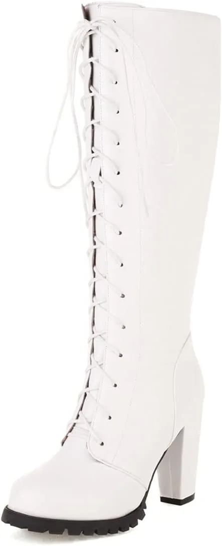 ClassicSter Womens Knee High Boots Block Chunky Mid Heels Combate Booties Strappy Buckle Motorcycle Riding Boots With Zip