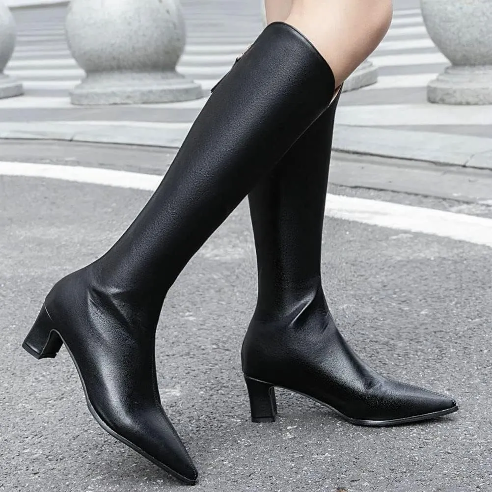 ClassicSter Womens Pointed Toe Knee High Cowgirl Boots Mid Chunky Heel Zipper Western Boots