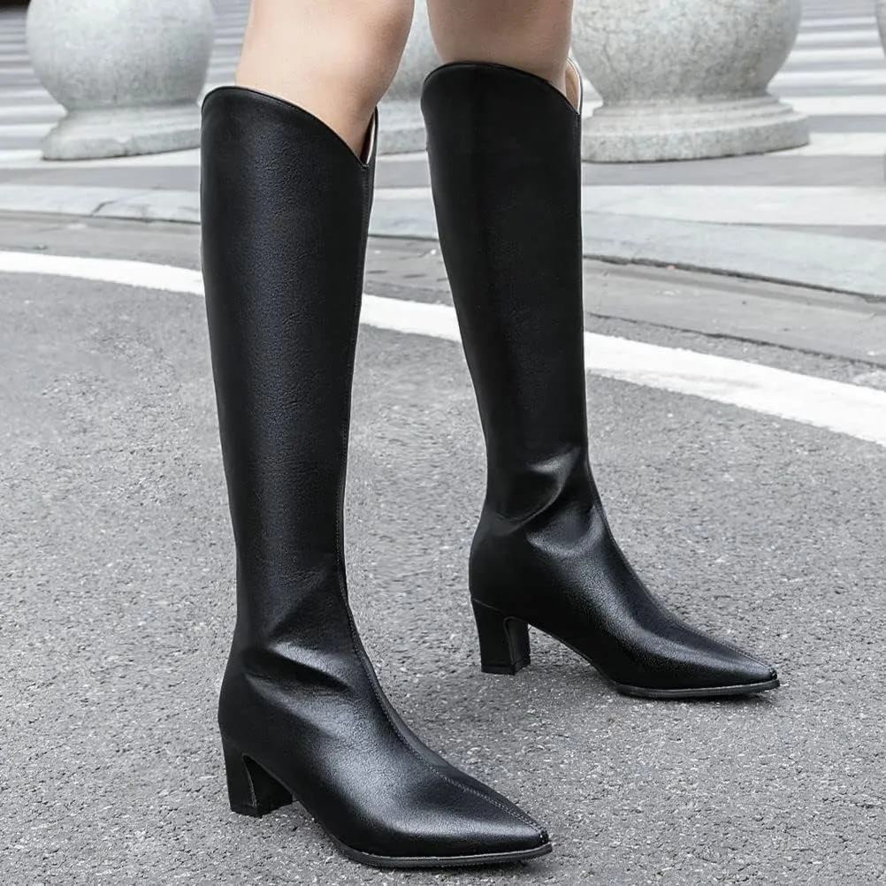 ClassicSter Womens Pointed Toe Knee High Cowgirl Boots Mid Chunky Heel Zipper Western Boots