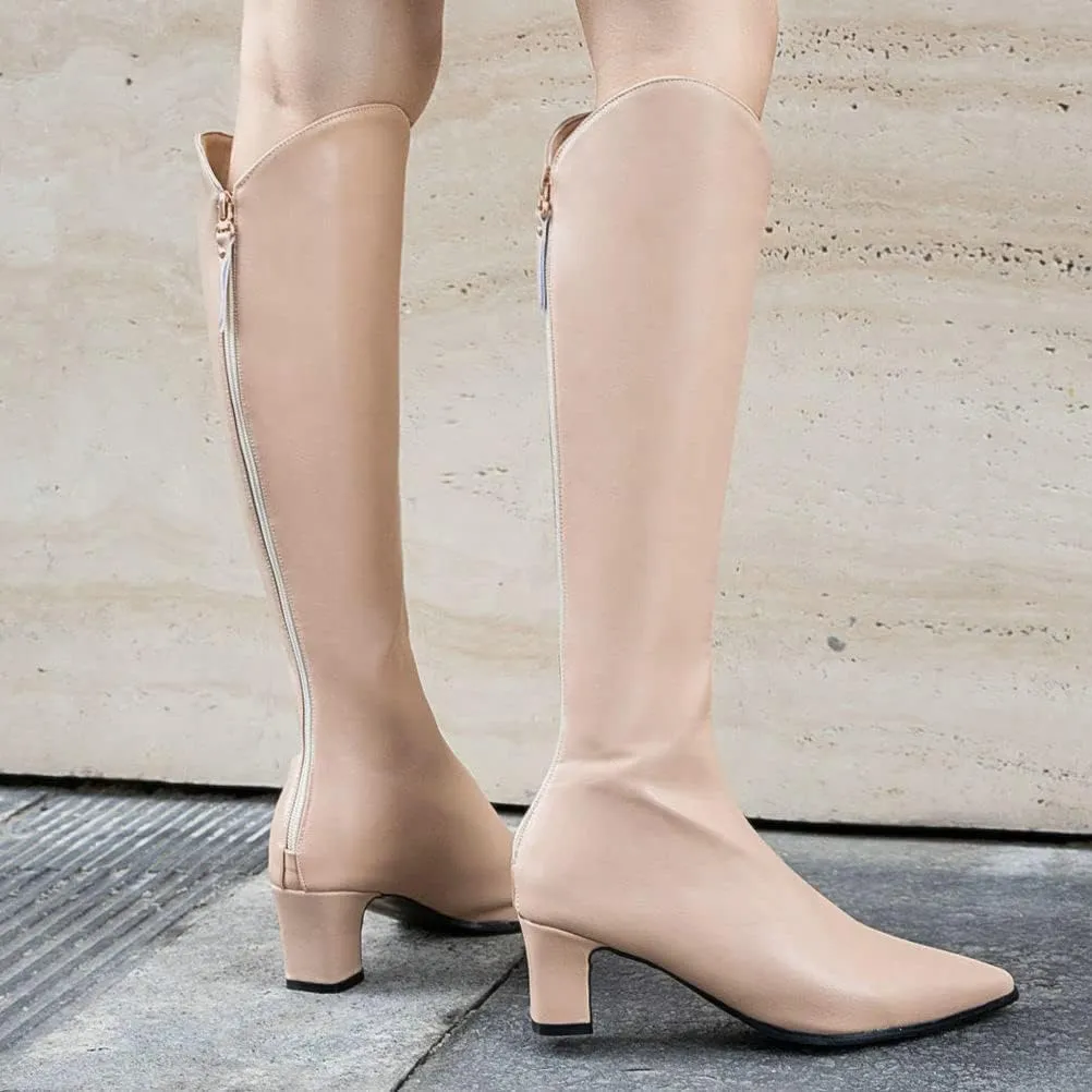 ClassicSter Womens Pointed Toe Knee High Cowgirl Boots Mid Chunky Heel Zipper Western Boots