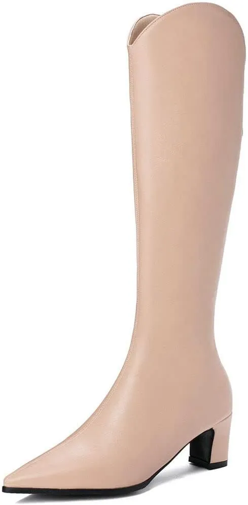 ClassicSter Womens Pointed Toe Knee High Cowgirl Boots Mid Chunky Heel Zipper Western Boots
