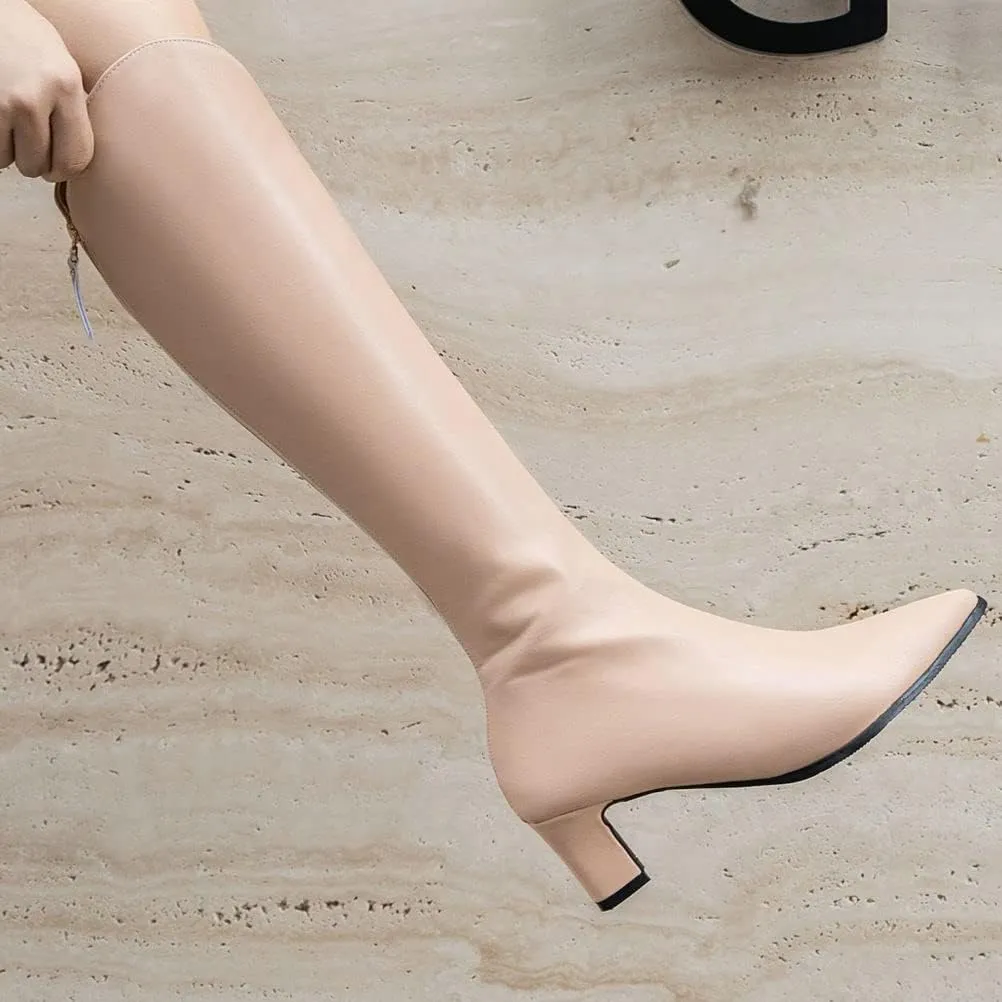 ClassicSter Womens Pointed Toe Knee High Cowgirl Boots Mid Chunky Heel Zipper Western Boots