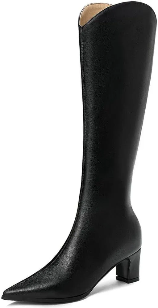 ClassicSter Womens Pointed Toe Knee High Cowgirl Boots Mid Chunky Heel Zipper Western Boots