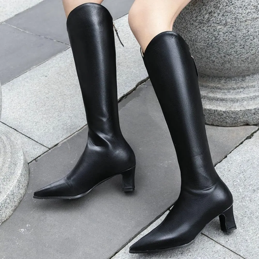 ClassicSter Womens Pointed Toe Knee High Cowgirl Boots Mid Chunky Heel Zipper Western Boots