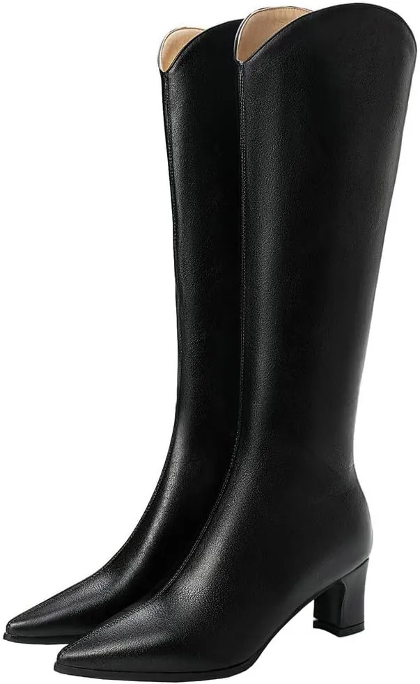 ClassicSter Womens Pointed Toe Knee High Cowgirl Boots Mid Chunky Heel Zipper Western Boots