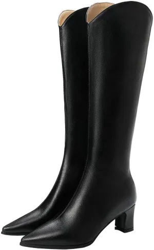 ClassicSter Womens Pointed Toe Knee High Cowgirl Boots Mid Chunky Heel Zipper Western Boots