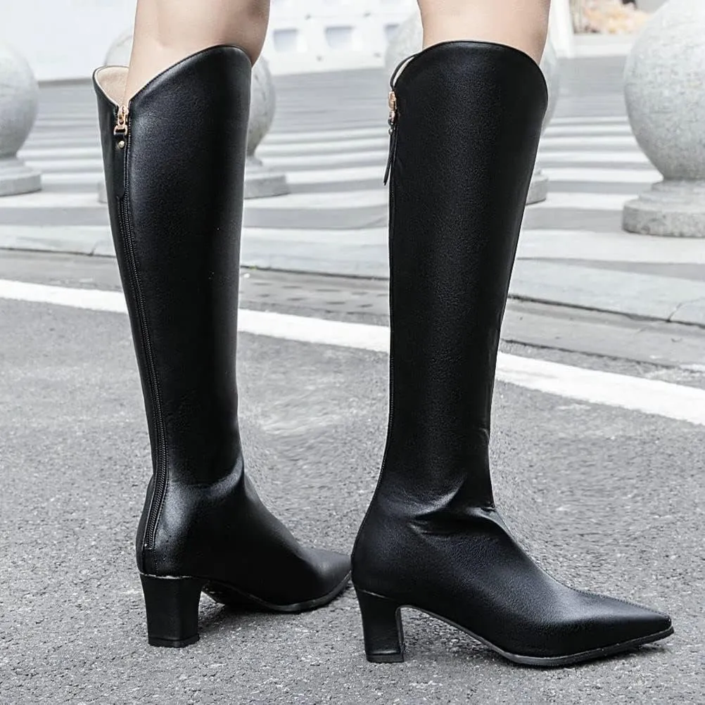 ClassicSter Womens Pointed Toe Knee High Cowgirl Boots Mid Chunky Heel Zipper Western Boots