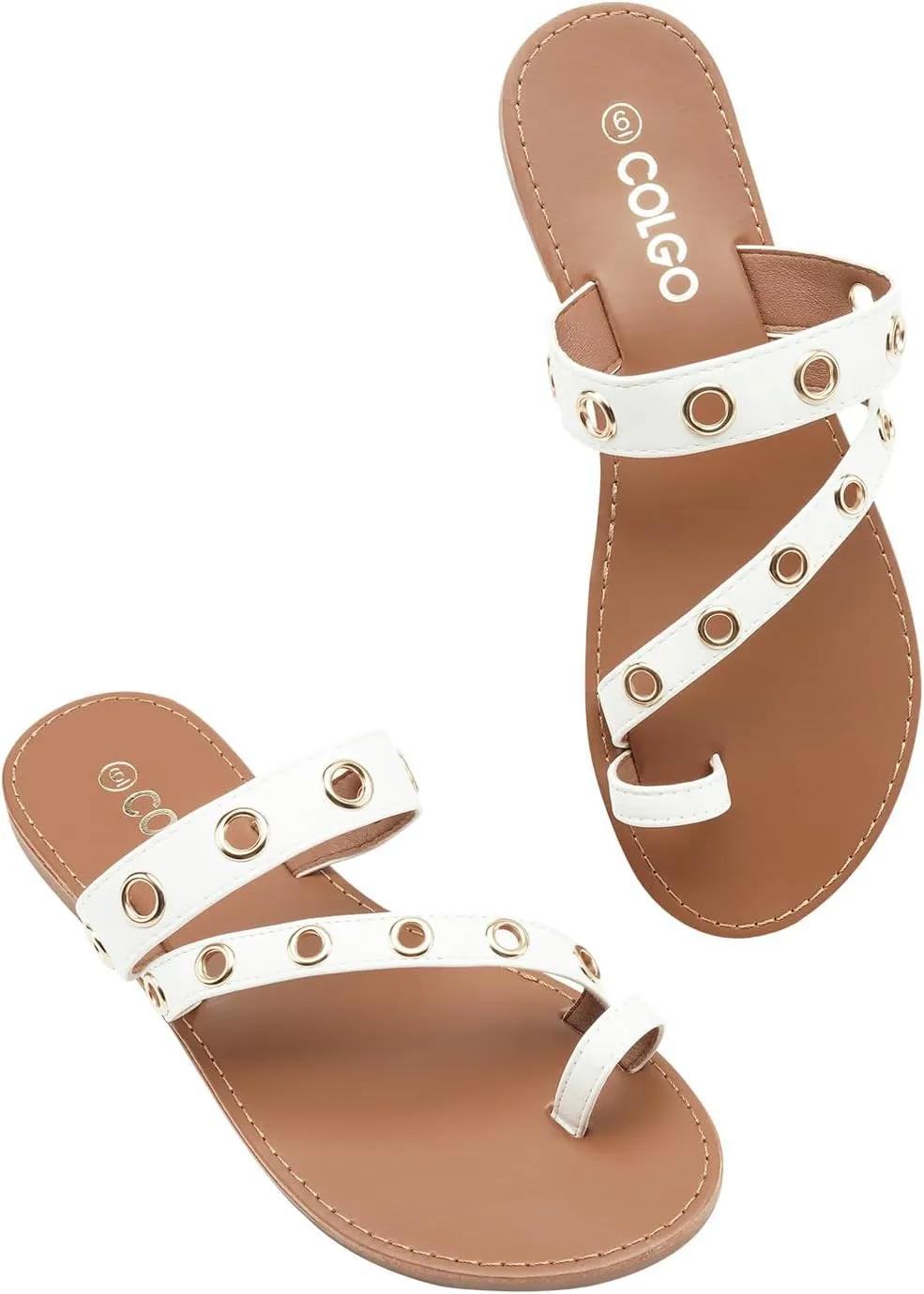Colgo Women's Slide Sandals, Hollow Buckle Slip-On Flats, Casual Summer Dressy Sandals