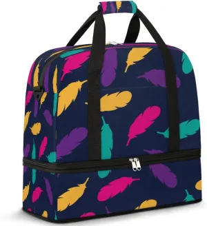 Colorful Feather Pattern Sports Gym Bag with Shoes Compartment Foldable Travel Duffel Bag Dry Wet Separated Sports Tote Workout Weekender Overnight Bag for Women Yoga Dance Work Training Handbag