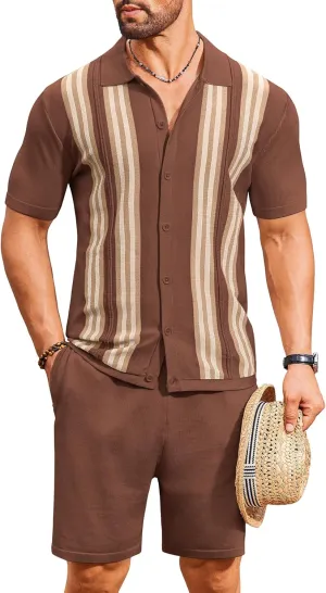 COOFANDY Men's 2 Piece Outfits Summer Short Sets Vintage Knit Button Down Shirt Short Sleeve Polo Casual Beach Suits