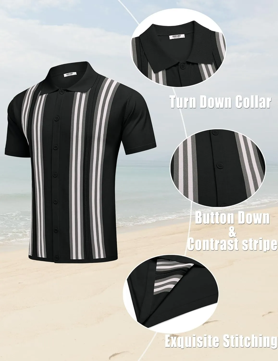 COOFANDY Men's 2 Piece Outfits Summer Short Sets Vintage Knit Button Down Shirt Short Sleeve Polo Casual Beach Suits
