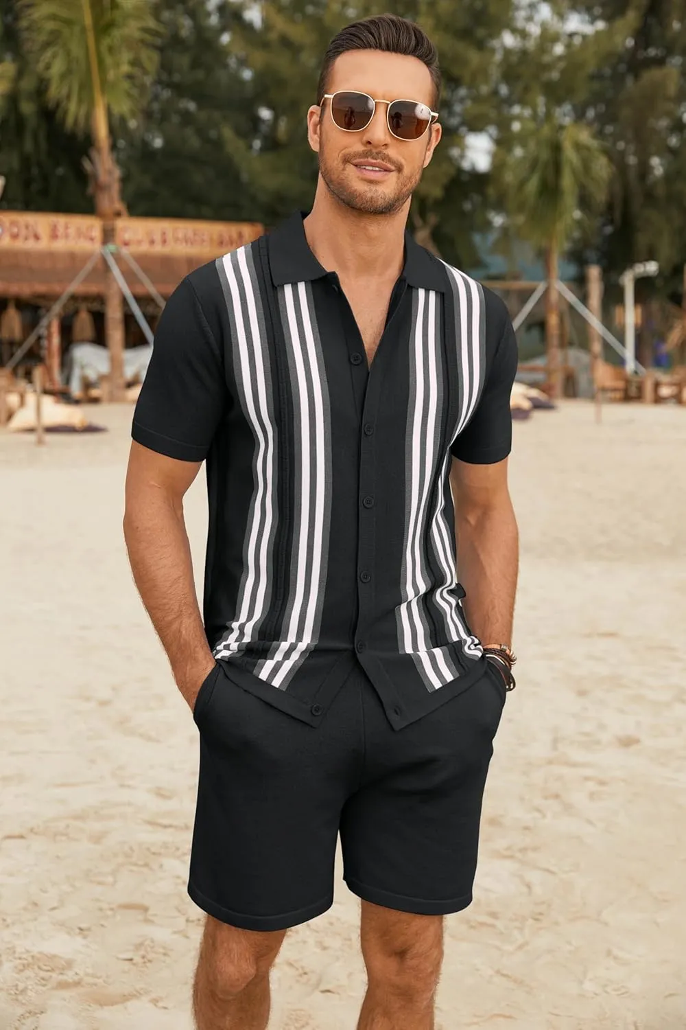 COOFANDY Men's 2 Piece Outfits Summer Short Sets Vintage Knit Button Down Shirt Short Sleeve Polo Casual Beach Suits